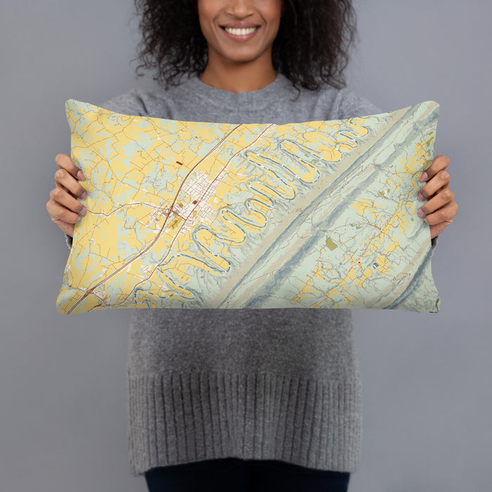 Person holding 20x12 Custom Seven Bends Virginia Map Throw Pillow in Woodblock