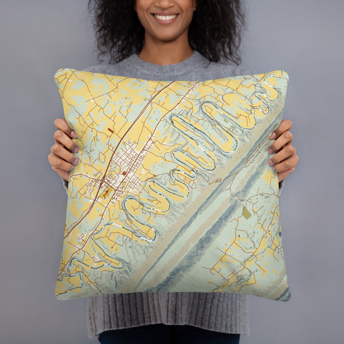 Person holding 18x18 Custom Seven Bends Virginia Map Throw Pillow in Woodblock