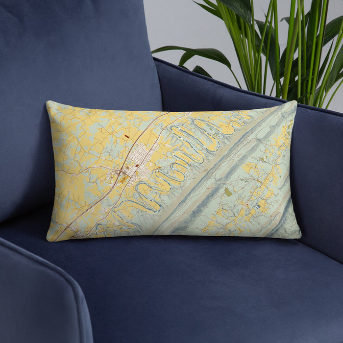 Custom Seven Bends Virginia Map Throw Pillow in Woodblock on Blue Colored Chair