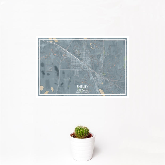 12x18 Shelby Montana Map Print Landscape Orientation in Afternoon Style With Small Cactus Plant in White Planter