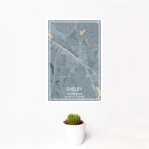 12x18 Shelby Montana Map Print Portrait Orientation in Afternoon Style With Small Cactus Plant in White Planter