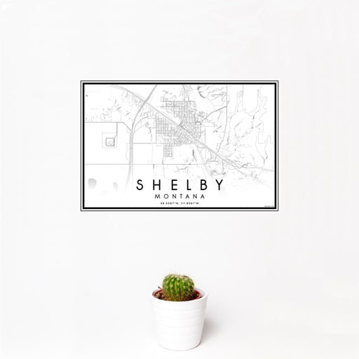 12x18 Shelby Montana Map Print Landscape Orientation in Classic Style With Small Cactus Plant in White Planter