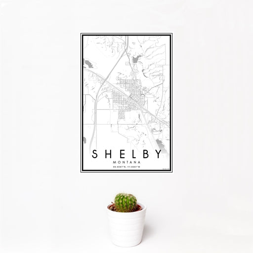12x18 Shelby Montana Map Print Portrait Orientation in Classic Style With Small Cactus Plant in White Planter