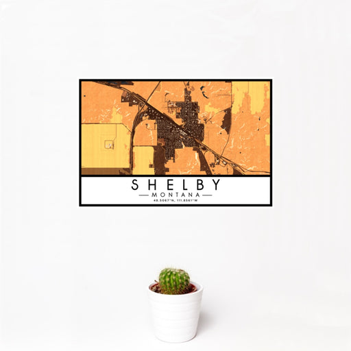 12x18 Shelby Montana Map Print Landscape Orientation in Ember Style With Small Cactus Plant in White Planter