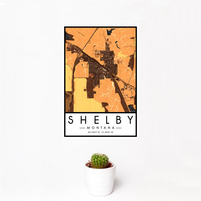 12x18 Shelby Montana Map Print Portrait Orientation in Ember Style With Small Cactus Plant in White Planter