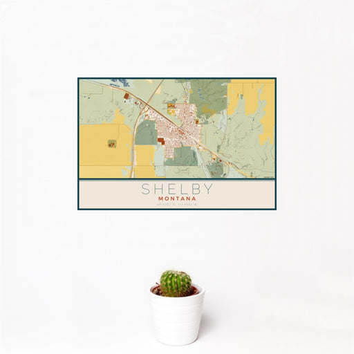 12x18 Shelby Montana Map Print Landscape Orientation in Woodblock Style With Small Cactus Plant in White Planter