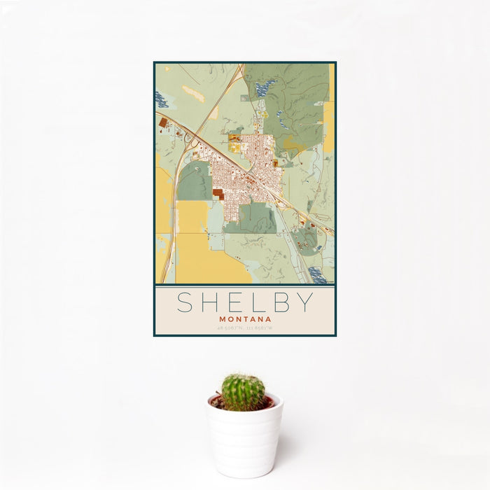 12x18 Shelby Montana Map Print Portrait Orientation in Woodblock Style With Small Cactus Plant in White Planter