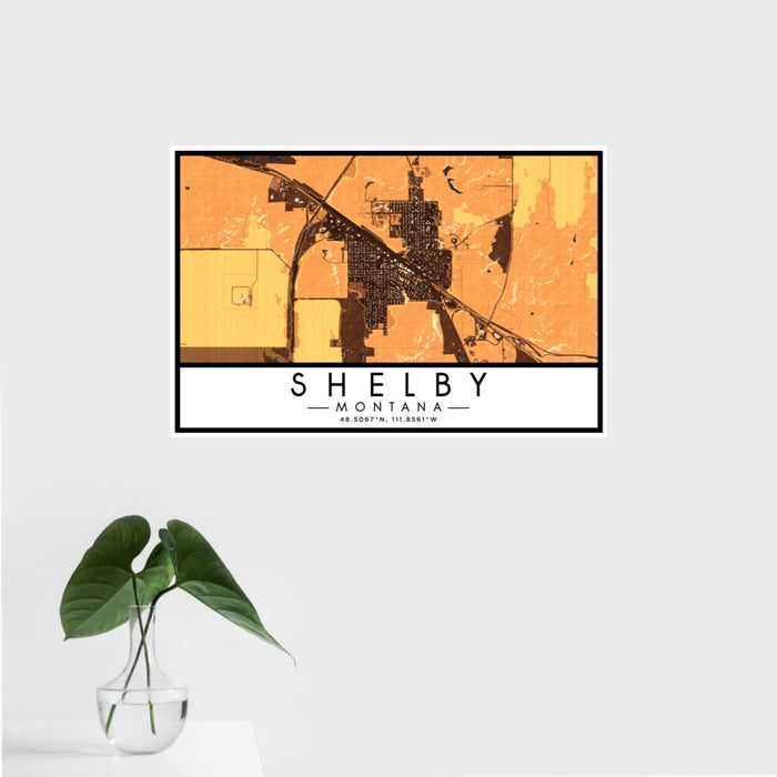 16x24 Shelby Montana Map Print Landscape Orientation in Ember Style With Tropical Plant Leaves in Water