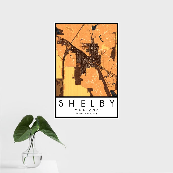 16x24 Shelby Montana Map Print Portrait Orientation in Ember Style With Tropical Plant Leaves in Water