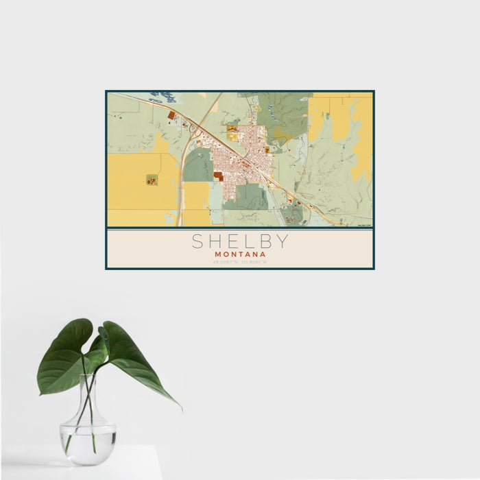 16x24 Shelby Montana Map Print Landscape Orientation in Woodblock Style With Tropical Plant Leaves in Water