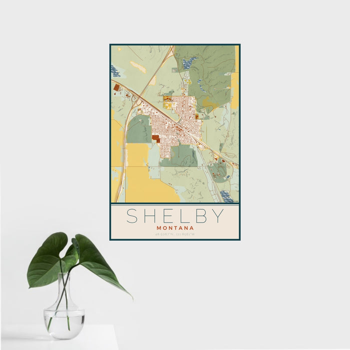16x24 Shelby Montana Map Print Portrait Orientation in Woodblock Style With Tropical Plant Leaves in Water