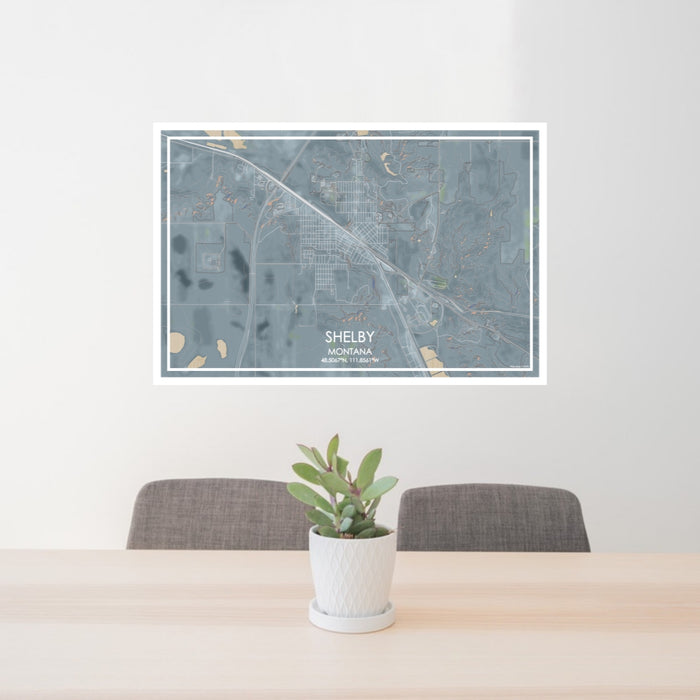 24x36 Shelby Montana Map Print Lanscape Orientation in Afternoon Style Behind 2 Chairs Table and Potted Plant