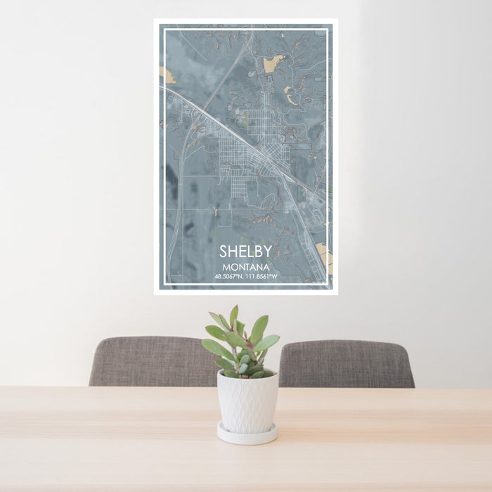 24x36 Shelby Montana Map Print Portrait Orientation in Afternoon Style Behind 2 Chairs Table and Potted Plant