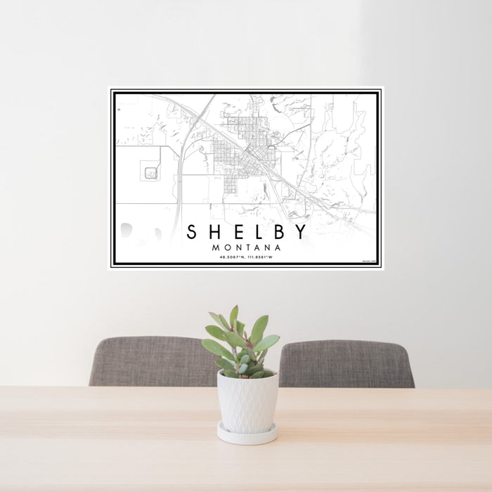 24x36 Shelby Montana Map Print Lanscape Orientation in Classic Style Behind 2 Chairs Table and Potted Plant
