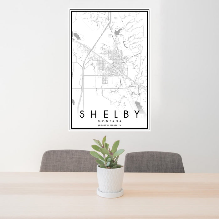 24x36 Shelby Montana Map Print Portrait Orientation in Classic Style Behind 2 Chairs Table and Potted Plant