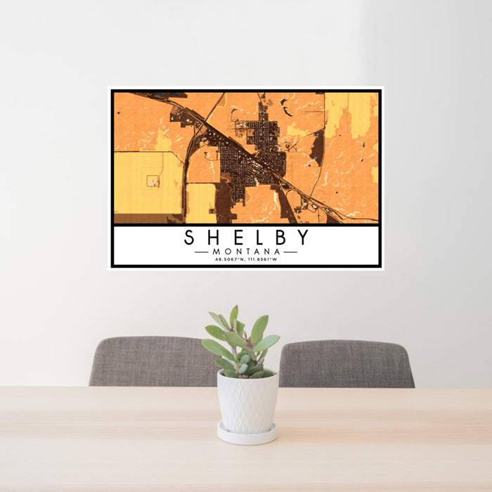24x36 Shelby Montana Map Print Lanscape Orientation in Ember Style Behind 2 Chairs Table and Potted Plant