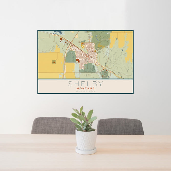 24x36 Shelby Montana Map Print Lanscape Orientation in Woodblock Style Behind 2 Chairs Table and Potted Plant
