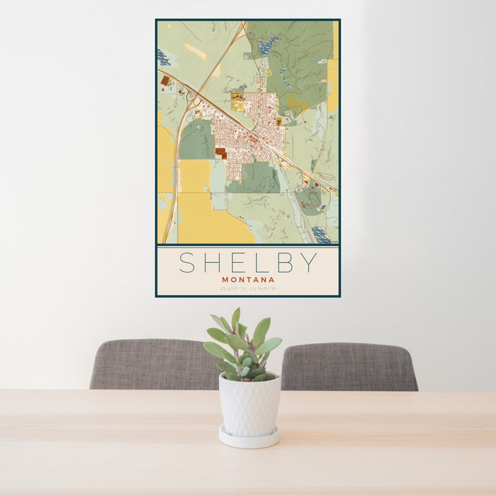 24x36 Shelby Montana Map Print Portrait Orientation in Woodblock Style Behind 2 Chairs Table and Potted Plant
