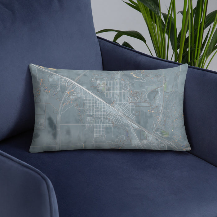 Custom Shelby Montana Map Throw Pillow in Afternoon on Blue Colored Chair