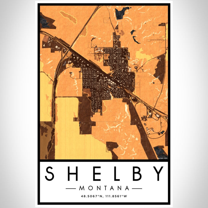 Shelby Montana Map Print Portrait Orientation in Ember Style With Shaded Background