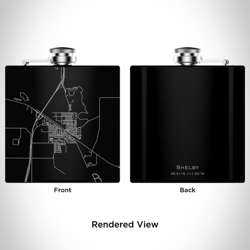 Rendered View of Shelby Montana Map Engraving on 6oz Stainless Steel Flask in Black