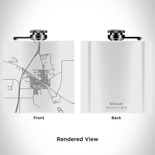 Rendered View of Shelby Montana Map Engraving on 6oz Stainless Steel Flask in White
