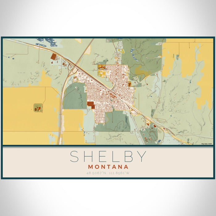 Shelby Montana Map Print Landscape Orientation in Woodblock Style With Shaded Background