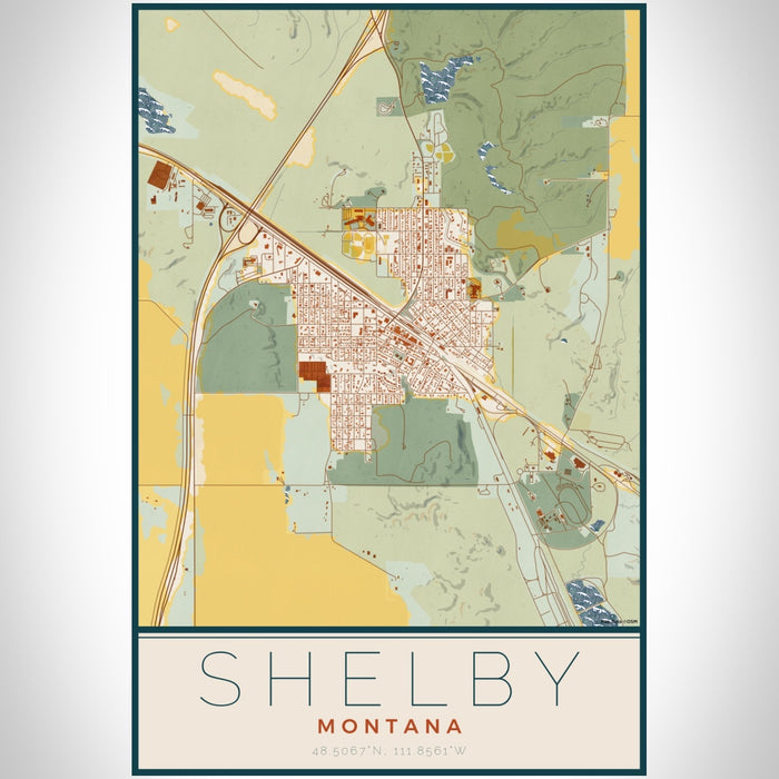 Shelby Montana Map Print Portrait Orientation in Woodblock Style With Shaded Background