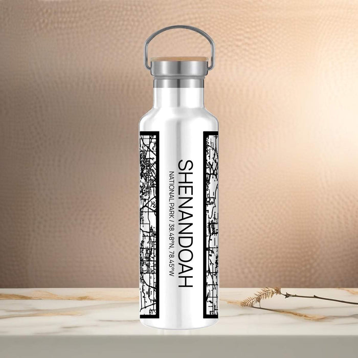 Shenandoah National Park Custom City Map Inscription Coordinates on 20oz Stainless Steel Insulated Bottle with Bamboo Top in Matte White with printed Tactile Lines Map in Black