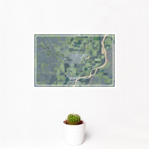 12x18 Sidney Montana Map Print Landscape Orientation in Afternoon Style With Small Cactus Plant in White Planter