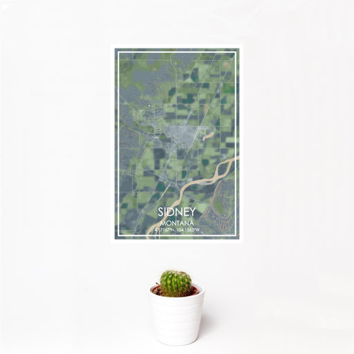 12x18 Sidney Montana Map Print Portrait Orientation in Afternoon Style With Small Cactus Plant in White Planter