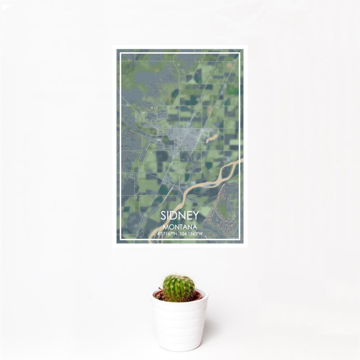 12x18 Sidney Montana Map Print Portrait Orientation in Afternoon Style With Small Cactus Plant in White Planter