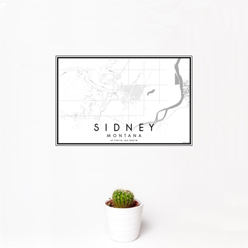 12x18 Sidney Montana Map Print Landscape Orientation in Classic Style With Small Cactus Plant in White Planter