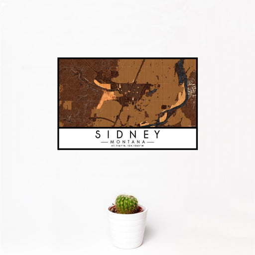 12x18 Sidney Montana Map Print Landscape Orientation in Ember Style With Small Cactus Plant in White Planter