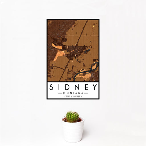 12x18 Sidney Montana Map Print Portrait Orientation in Ember Style With Small Cactus Plant in White Planter