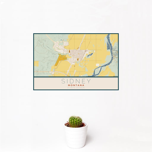 12x18 Sidney Montana Map Print Landscape Orientation in Woodblock Style With Small Cactus Plant in White Planter