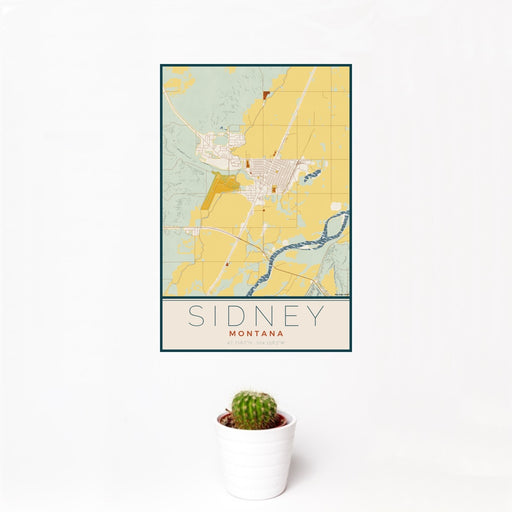 12x18 Sidney Montana Map Print Portrait Orientation in Woodblock Style With Small Cactus Plant in White Planter