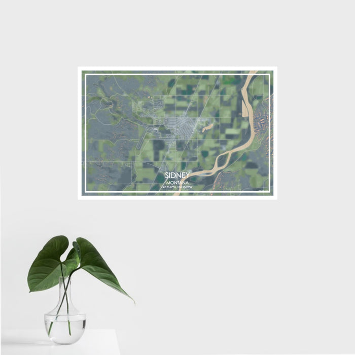 16x24 Sidney Montana Map Print Landscape Orientation in Afternoon Style With Tropical Plant Leaves in Water