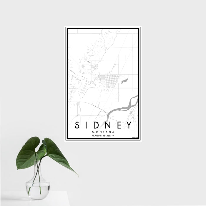 16x24 Sidney Montana Map Print Portrait Orientation in Classic Style With Tropical Plant Leaves in Water