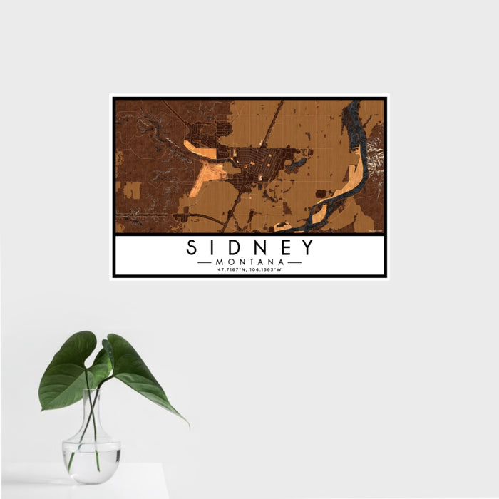16x24 Sidney Montana Map Print Landscape Orientation in Ember Style With Tropical Plant Leaves in Water