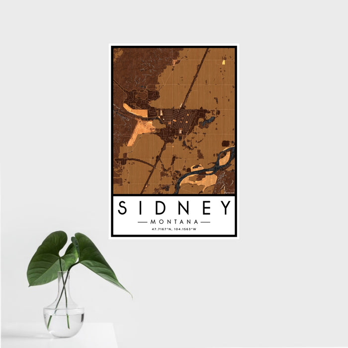 16x24 Sidney Montana Map Print Portrait Orientation in Ember Style With Tropical Plant Leaves in Water
