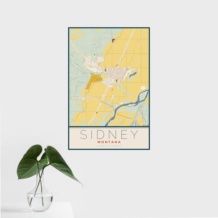 16x24 Sidney Montana Map Print Portrait Orientation in Woodblock Style With Tropical Plant Leaves in Water