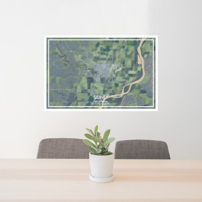 24x36 Sidney Montana Map Print Lanscape Orientation in Afternoon Style Behind 2 Chairs Table and Potted Plant