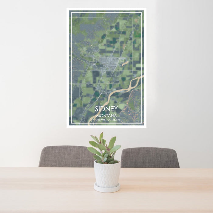 24x36 Sidney Montana Map Print Portrait Orientation in Afternoon Style Behind 2 Chairs Table and Potted Plant