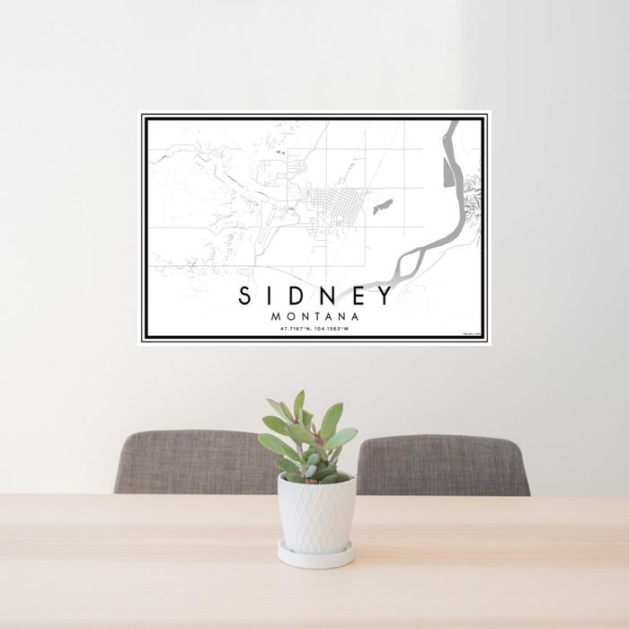24x36 Sidney Montana Map Print Lanscape Orientation in Classic Style Behind 2 Chairs Table and Potted Plant