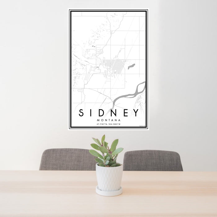 24x36 Sidney Montana Map Print Portrait Orientation in Classic Style Behind 2 Chairs Table and Potted Plant