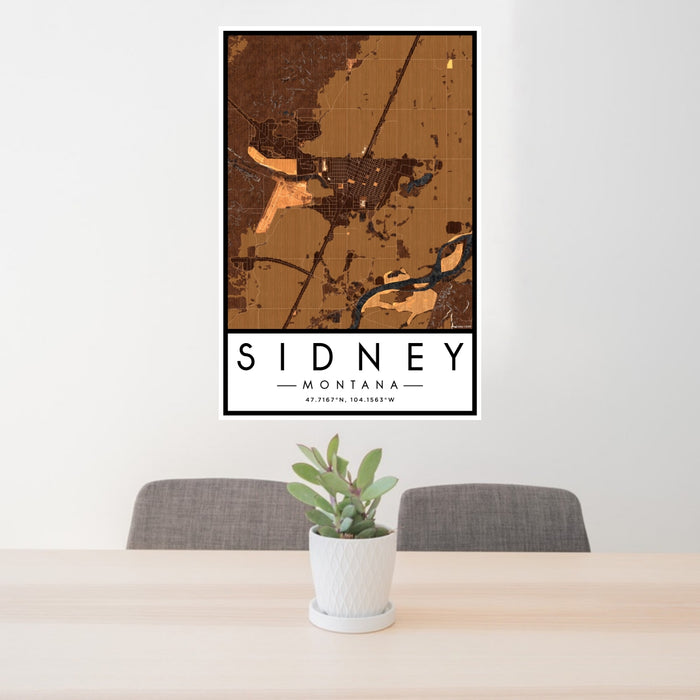 24x36 Sidney Montana Map Print Portrait Orientation in Ember Style Behind 2 Chairs Table and Potted Plant