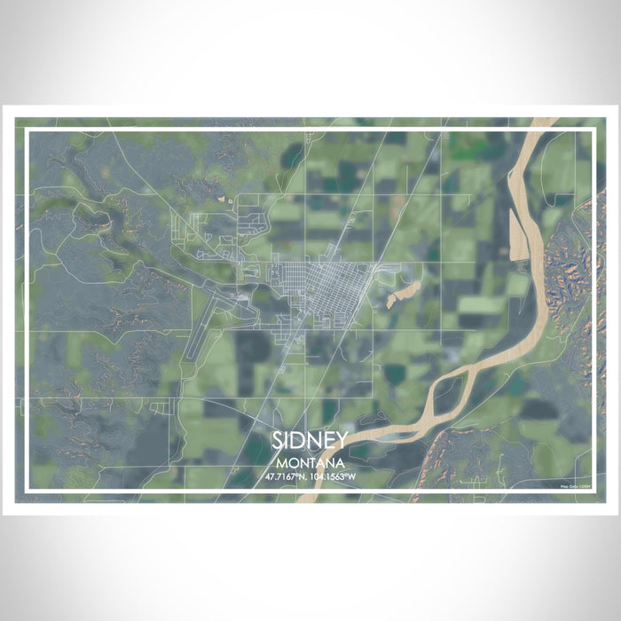 Sidney Montana Map Print Landscape Orientation in Afternoon Style With Shaded Background