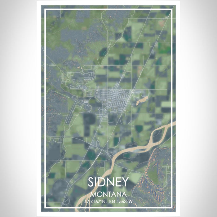 Sidney Montana Map Print Portrait Orientation in Afternoon Style With Shaded Background
