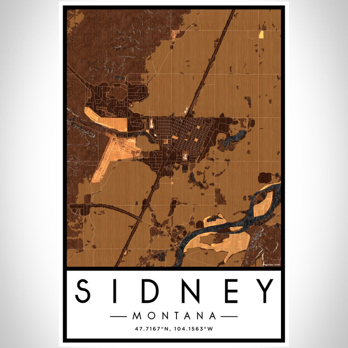 Sidney Montana Map Print Portrait Orientation in Ember Style With Shaded Background